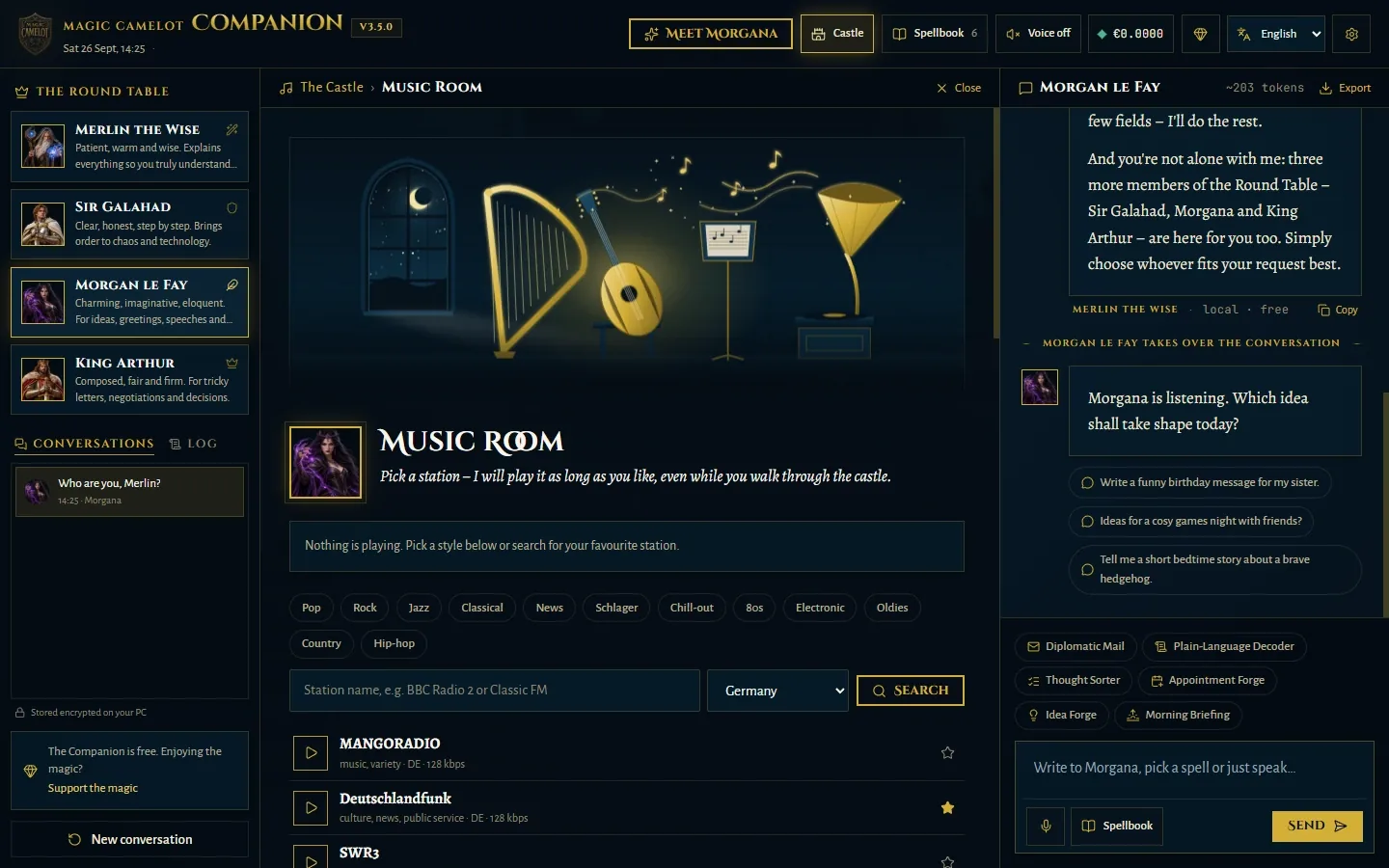 The Music Room with harp, lute and gramophone, with music styles and favourite stations below.
