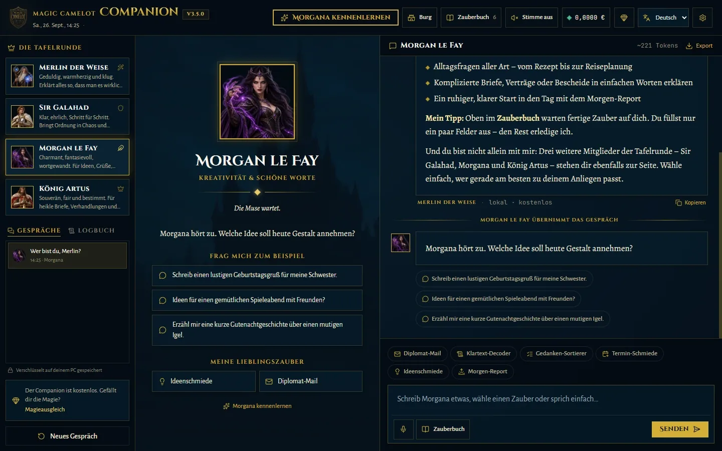 Morgan le Fay stellt sich vor und schlägt Beispielfragen vor, etwa einen lustigen Geburtstagsgruß.