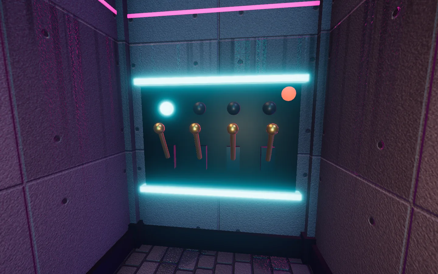Ego-Sicht in einem Gang der Neon-Gassen, vorne eine Rätseltafel mit Hebeln und Lampen.