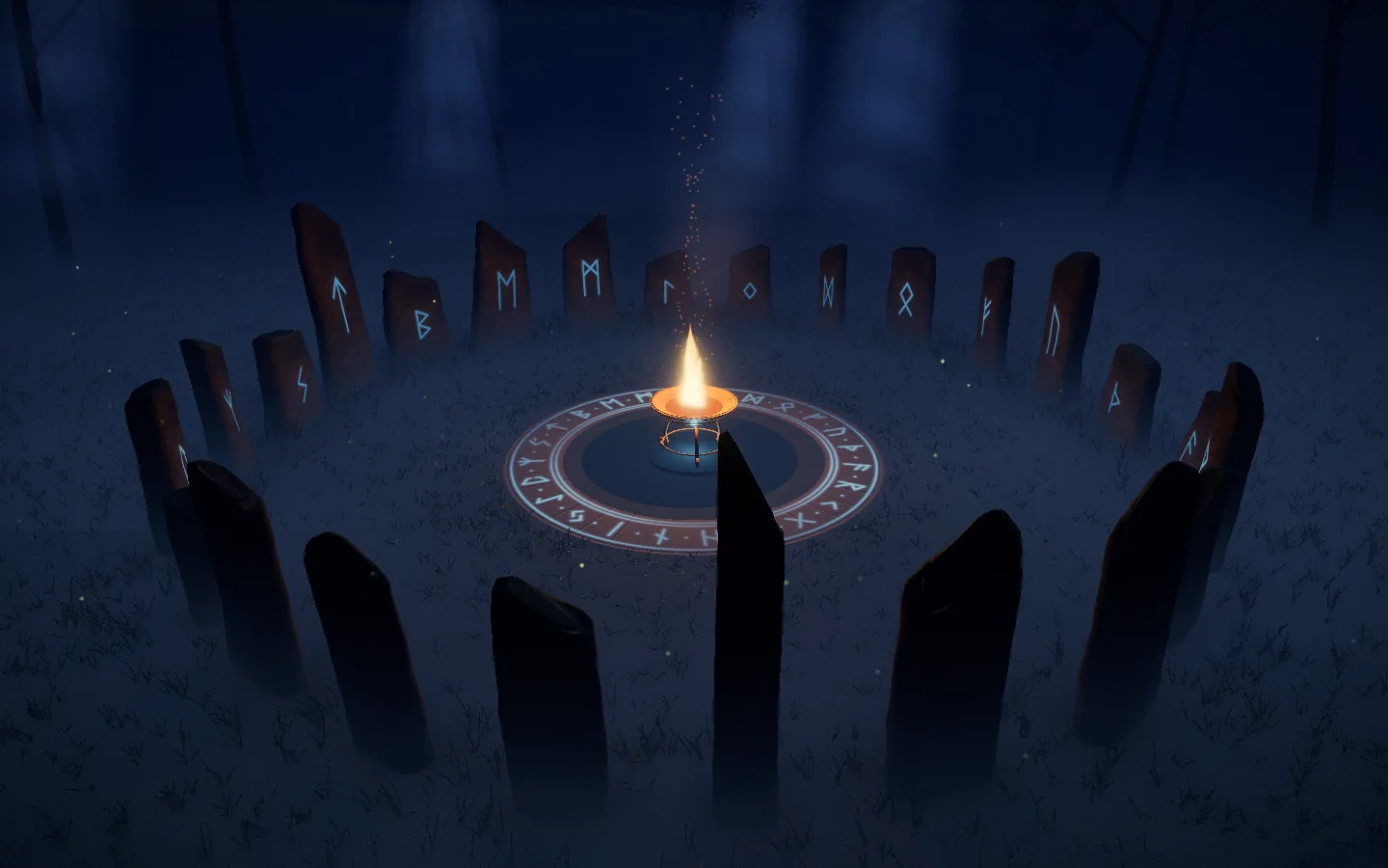 Der Steinkreis bei Nacht: hohe Steine mit leuchtenden Runen um ein Feuer in einer Schale, Nebel und Bäume im Mondlicht.