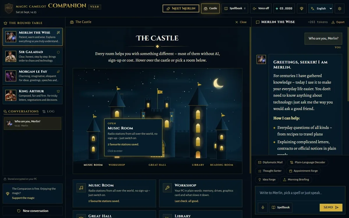 The Companion: the Round Table, the castle with its rooms and Merlin in conversation.